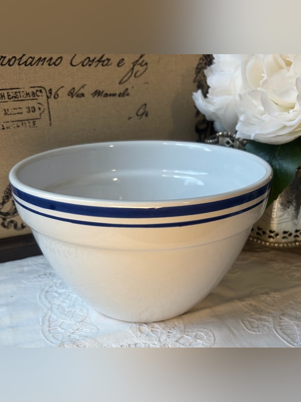 Vintage white blue stripe stoneware mixing bowl farmhouse French Country primiti